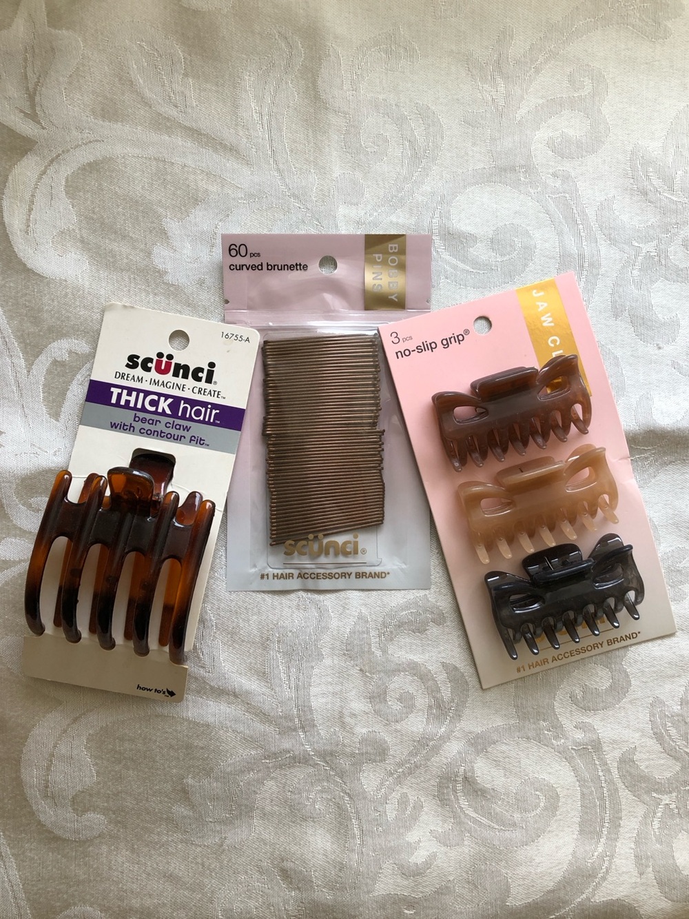 Scunci Bundle—Set of 3 Claw Hair Clips + 60 Curved Bobby Pins + Bear Claw Clip